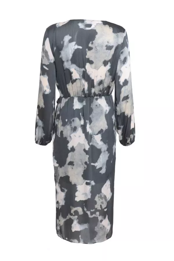 Grey Smudge Print Wrap Midi Dress