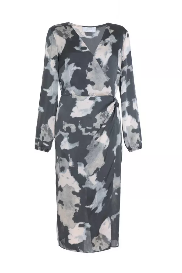 Grey Smudge Print Wrap Midi Dress