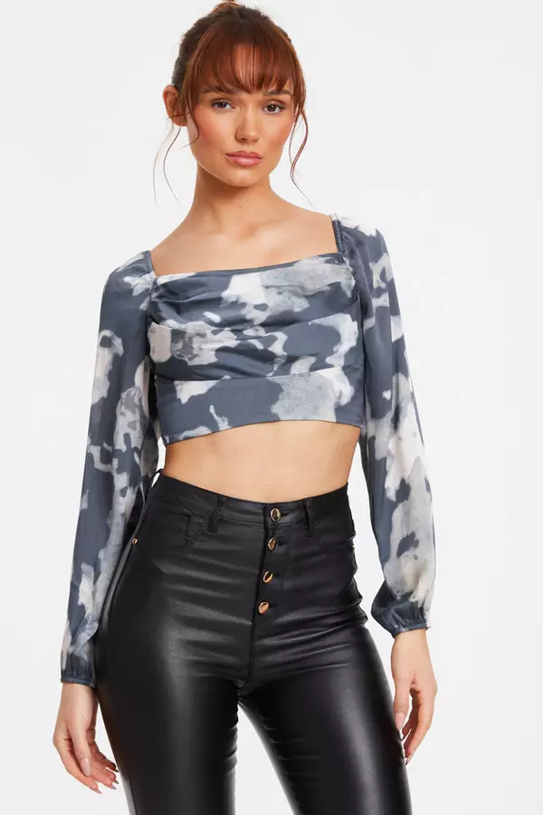 Grey Satin Smudge Print Cropped Top