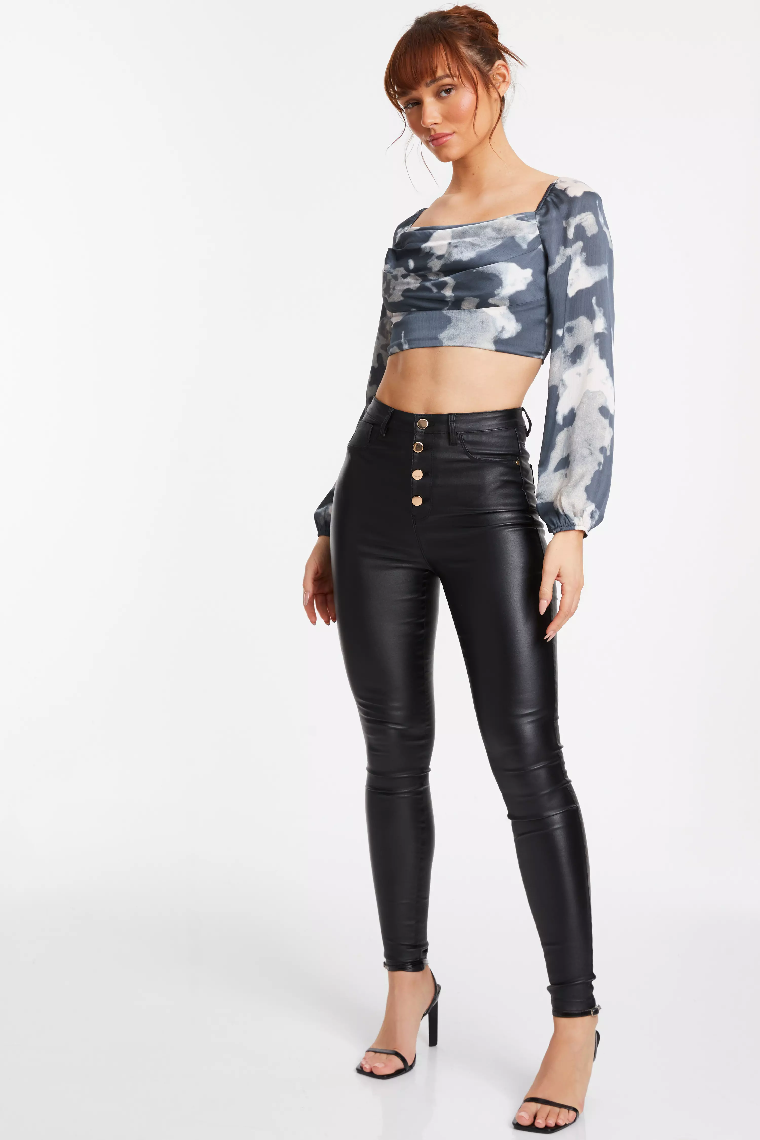 Grey Satin Smudge Print Cropped Top