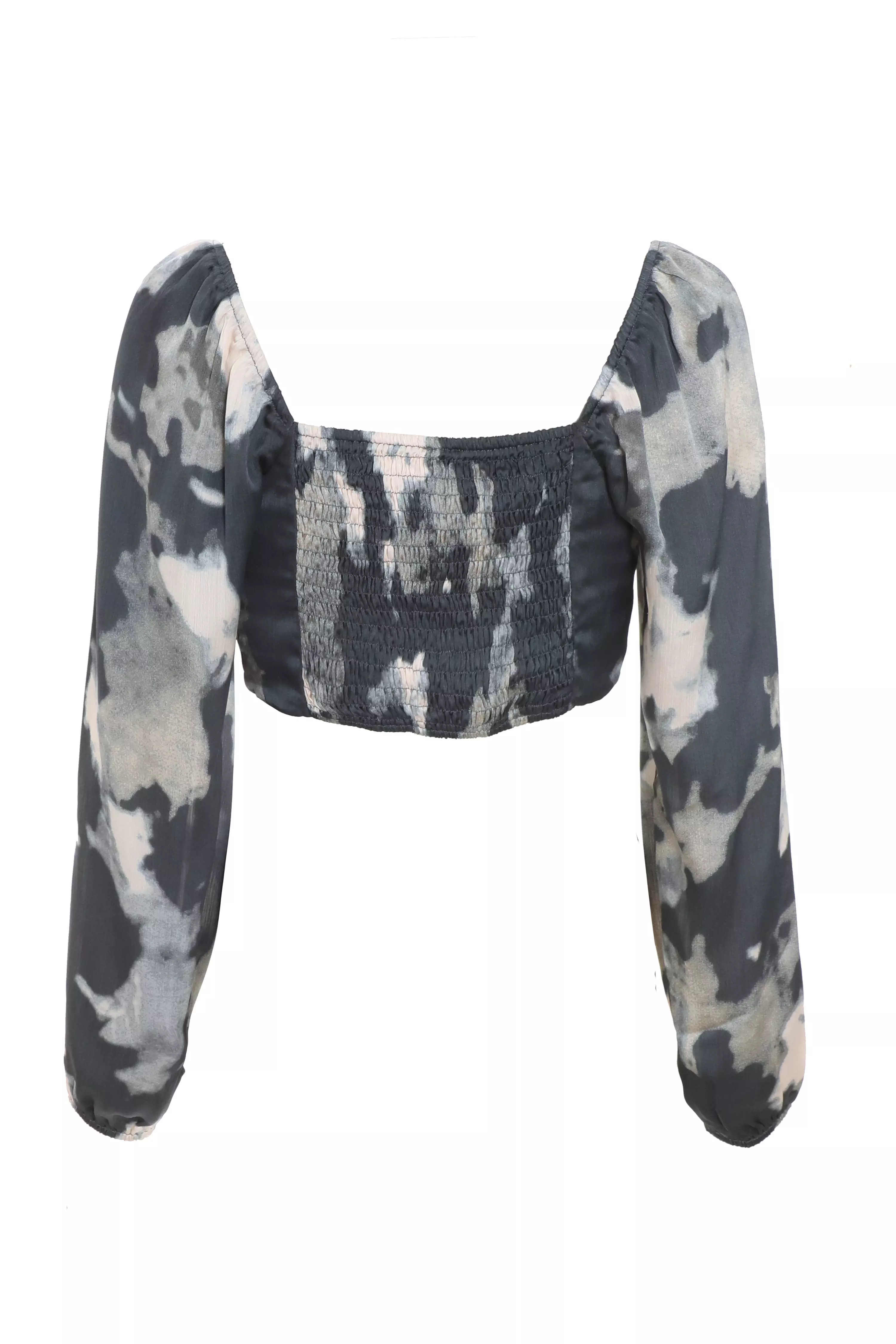 Grey Satin Smudge Print Cropped Top