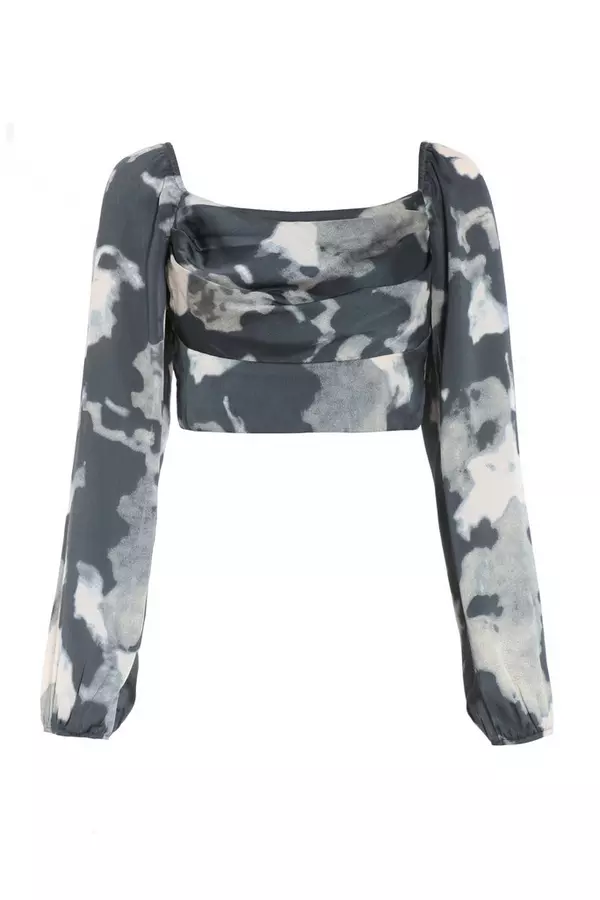 Grey Satin Smudge Print Cropped Top