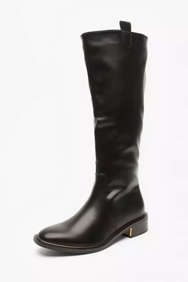 Black Faux Leather Knee High Flat Boots