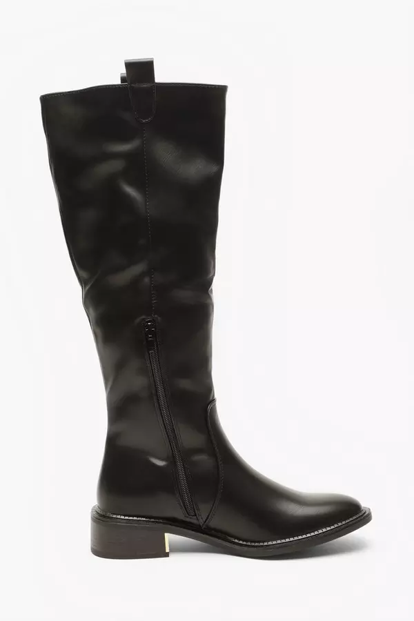Black Faux Leather Knee High Flat Boots