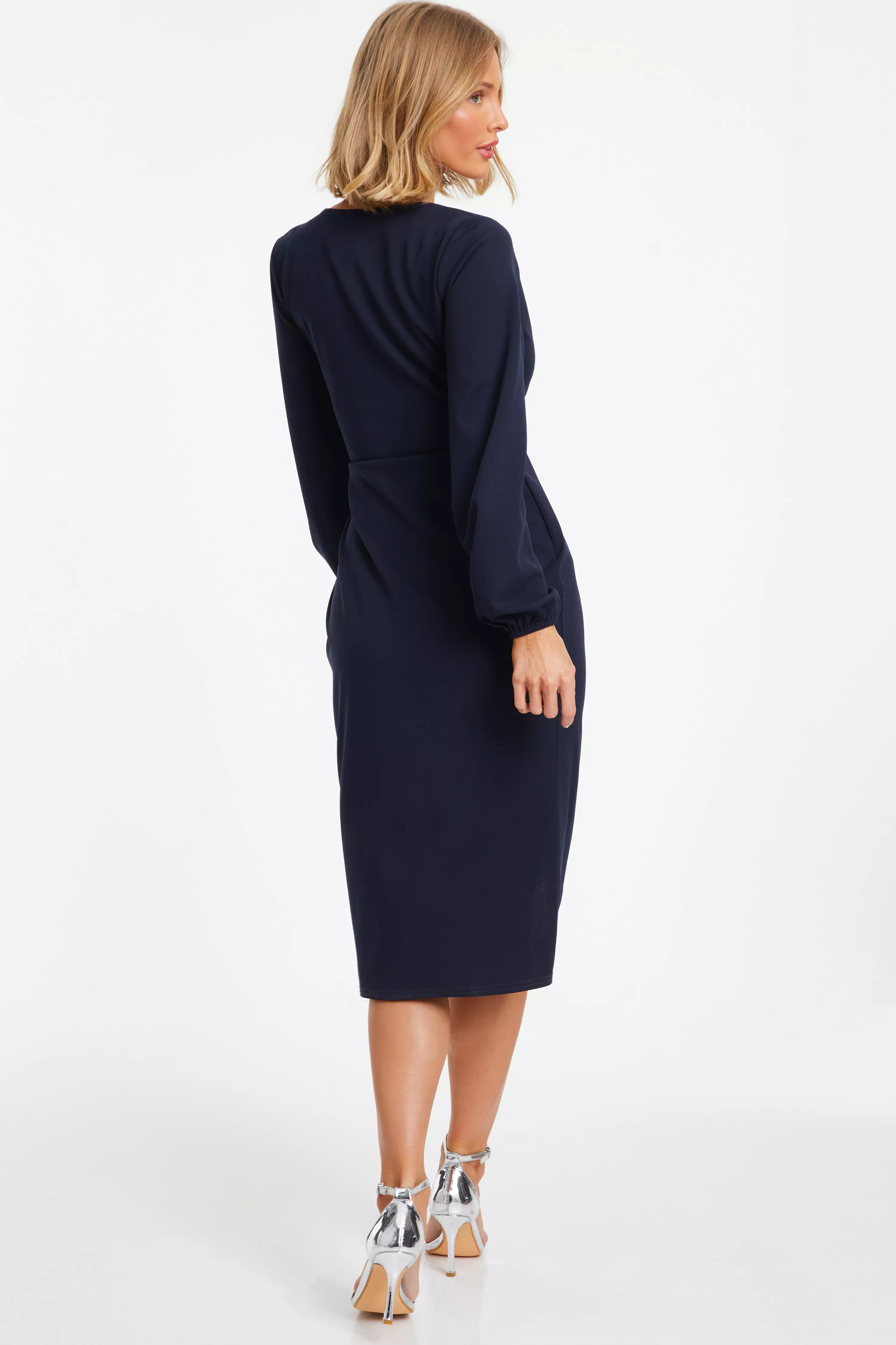 Navy Knot Front Wrap Midi Dress