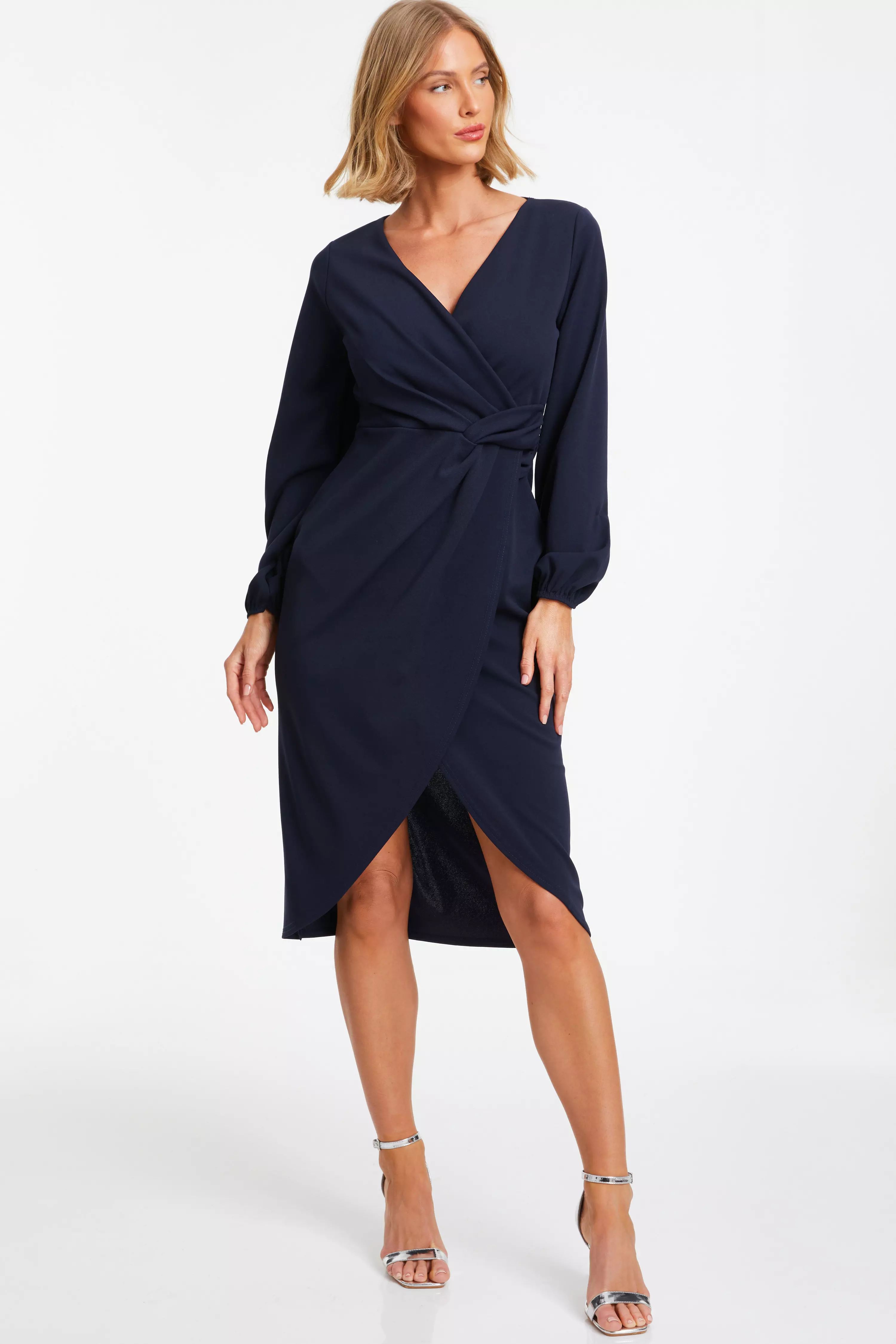 Navy Knot Front Wrap Midi Dress