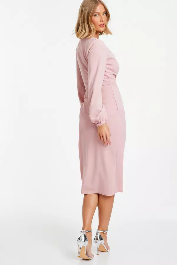 Pink Knot Front Wrap Midi Dress