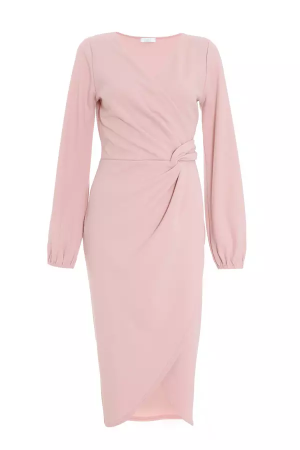 Pink Knot Front Wrap Midi Dress