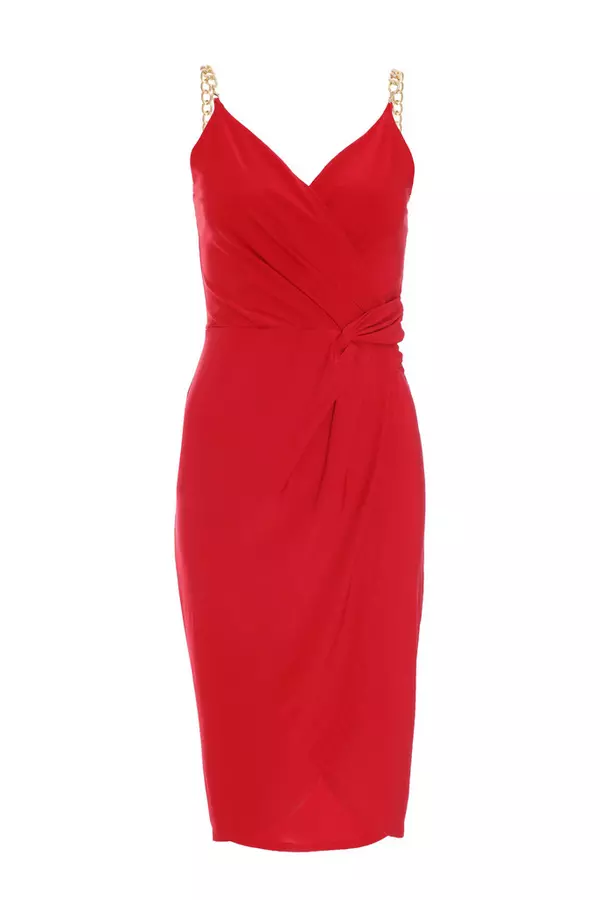 Petite Red Knot Ruched Wrap Midi Dress