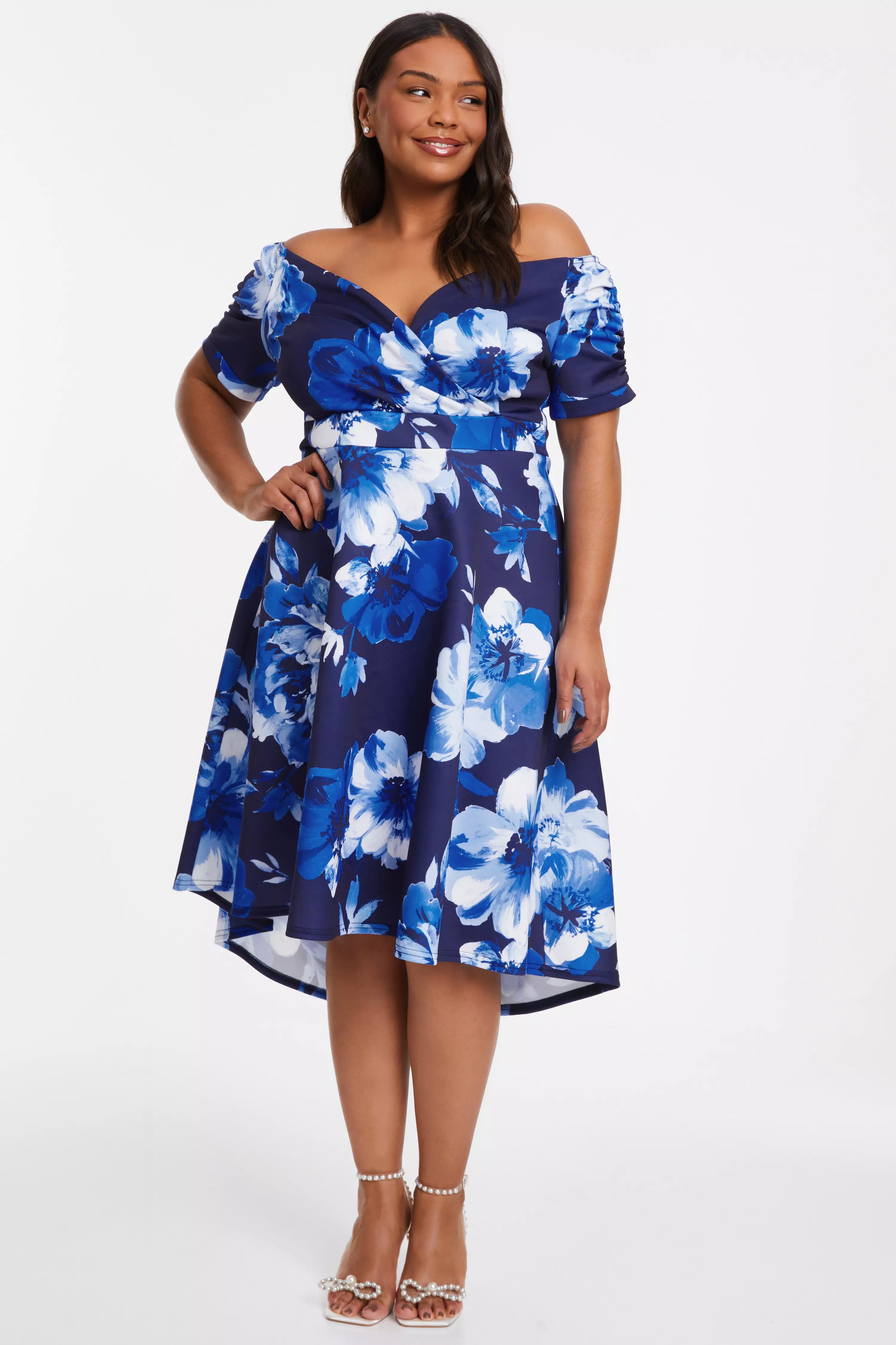 Curve Navy Floral Bardot Dip Hem Midi Dress