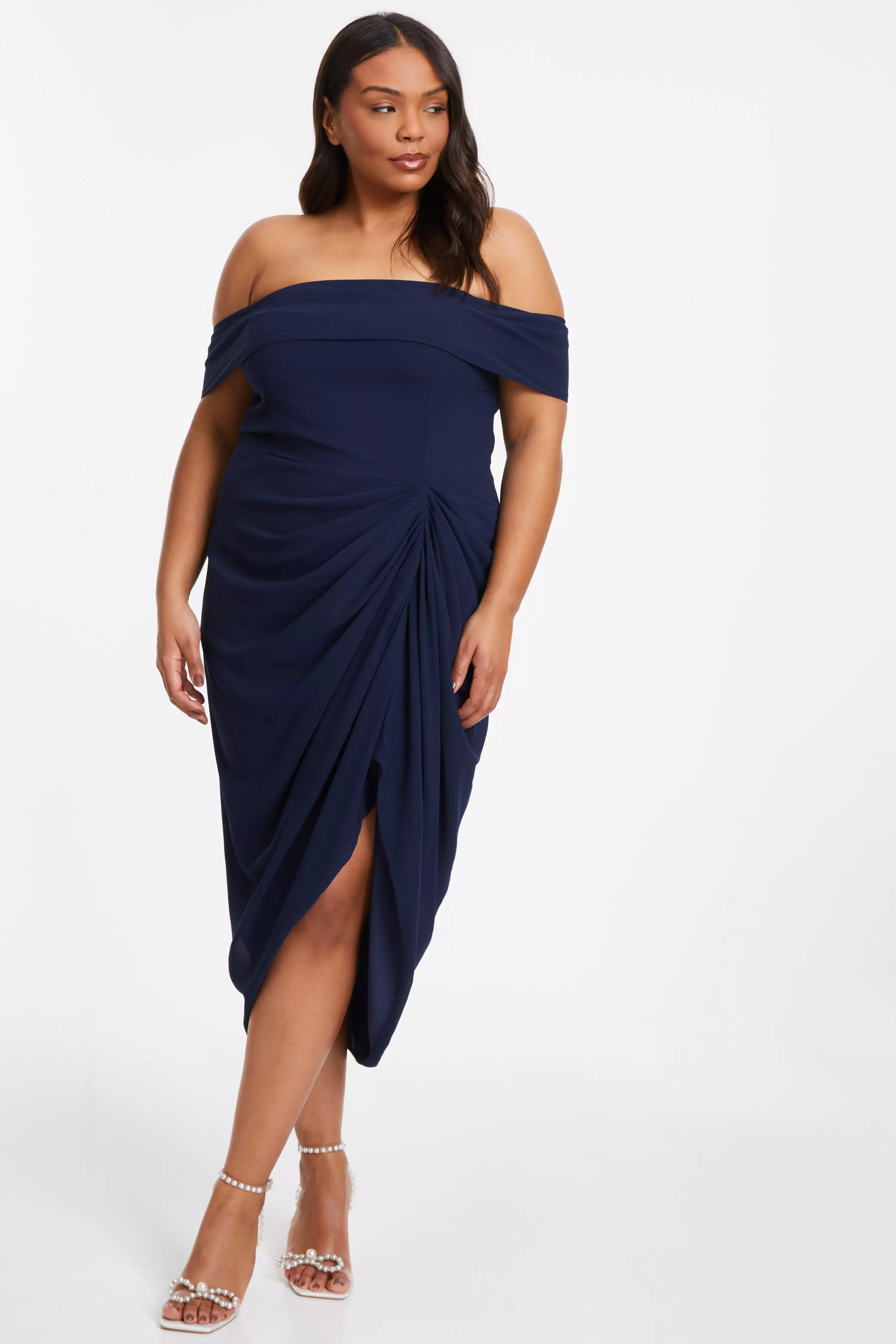 Curve Navy Chiffon Bardot Midi Dress