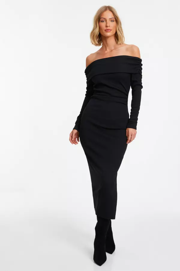 Black Ribbed Bardot Bodycon Midi Dress