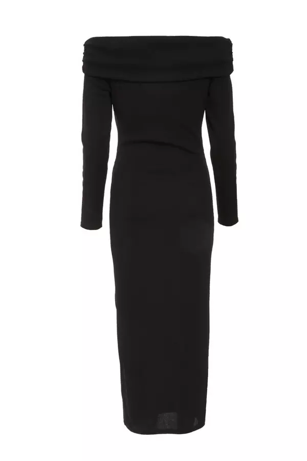 Black Ribbed Bardot Bodycon Midi Dress