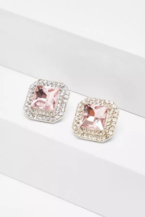 Pink Square Jewel Stud Earrings