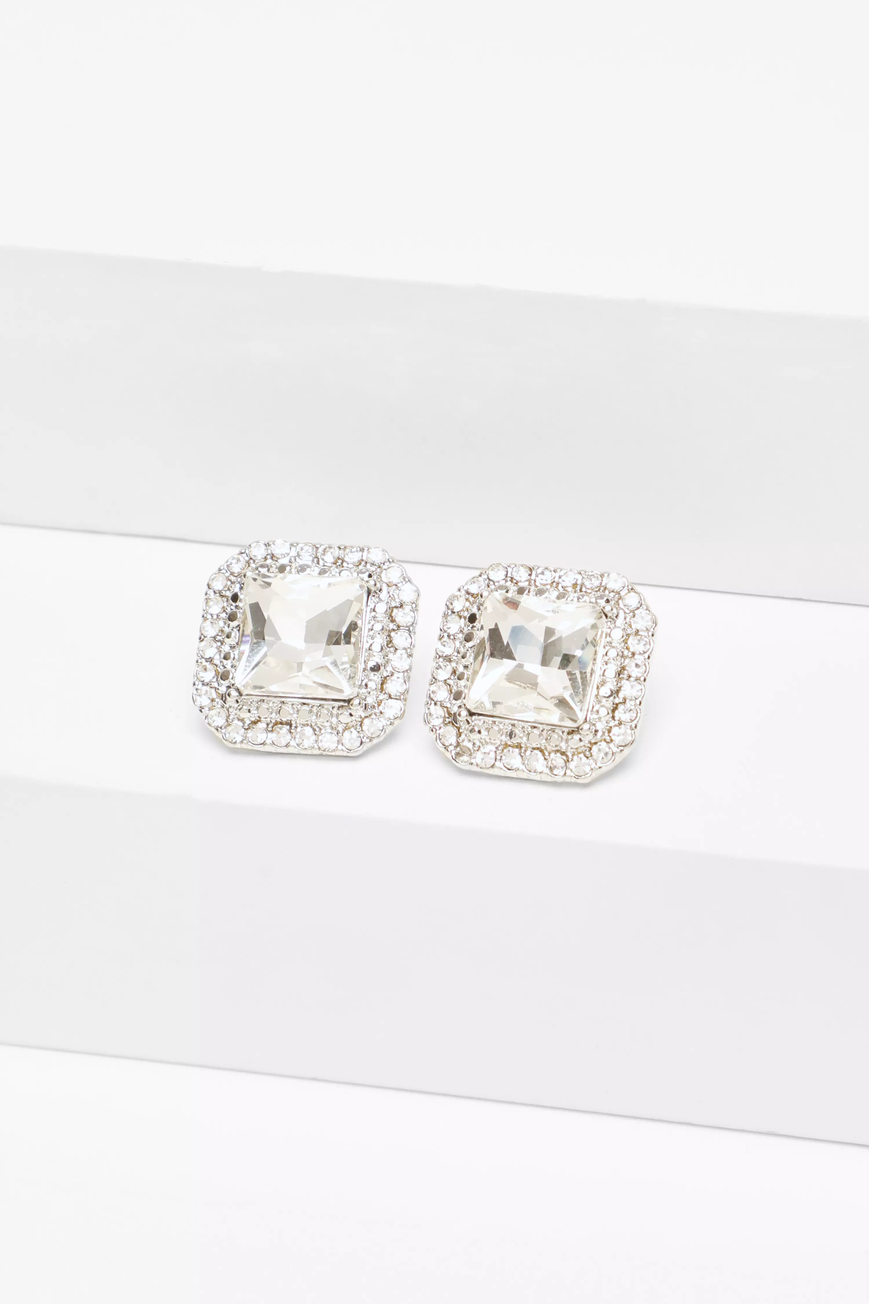 Silver Diamante Square Stud Earrings