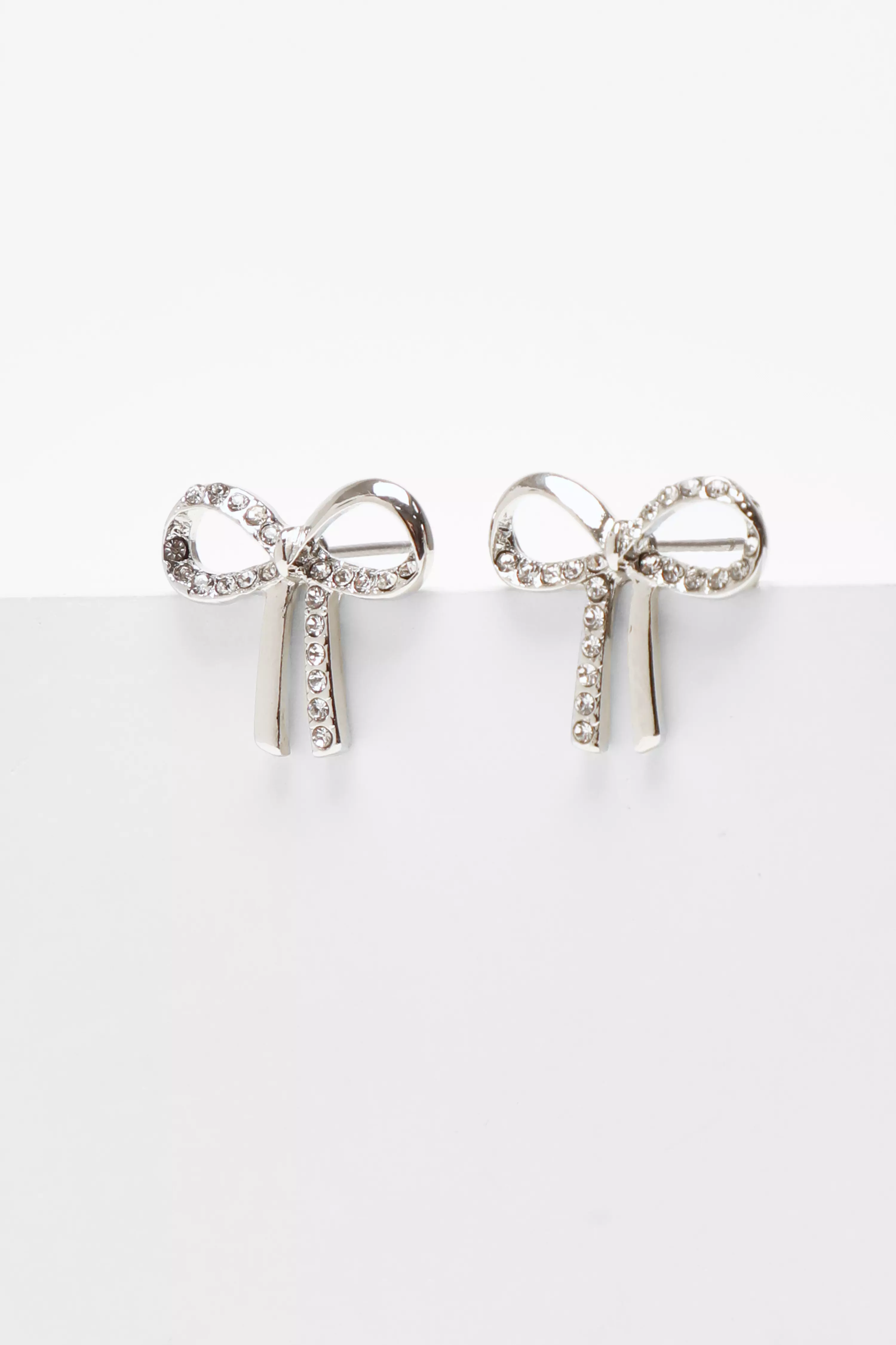 Silver Diamante Bow Stud Earrings