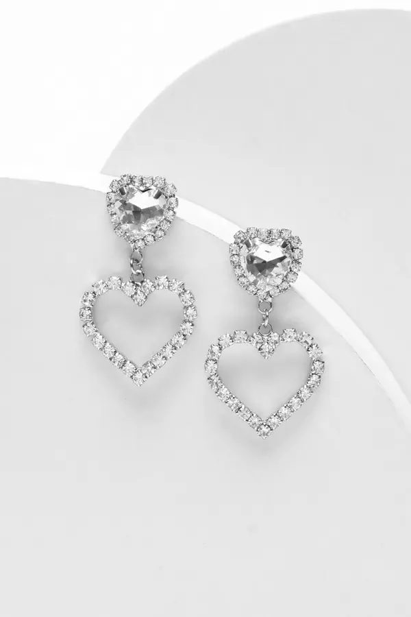 Silver Diamante Heart Drop Earrings