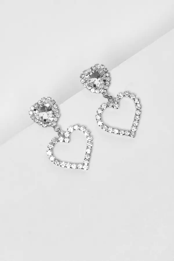 Silver Diamante Heart Drop Earrings