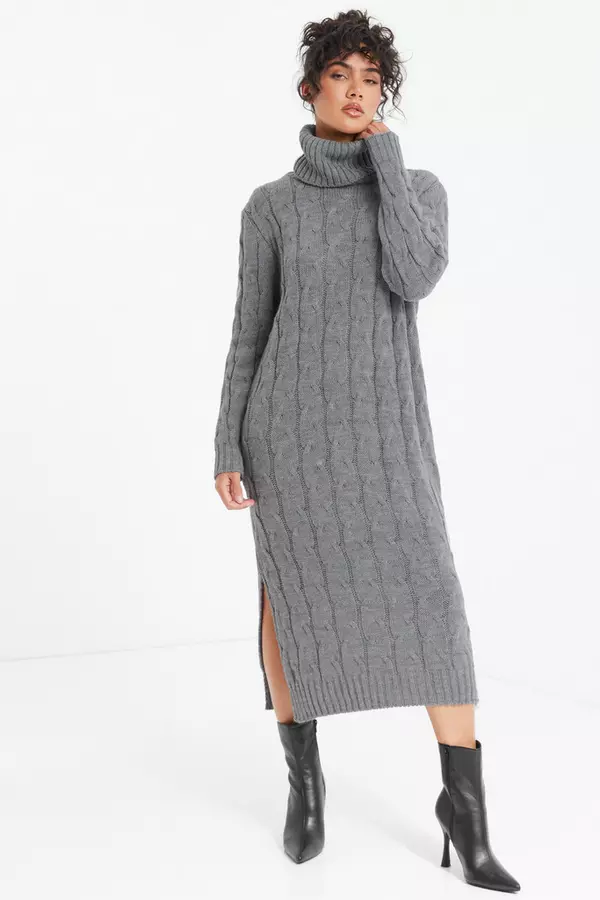 Grey Cable Knit Midi Jumper Dress