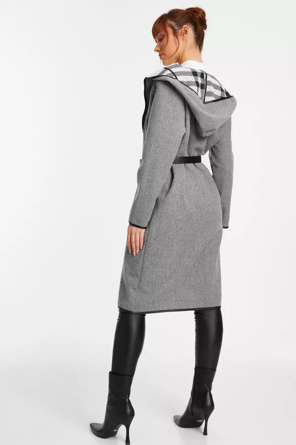 Grey Check Print Belted Coat
