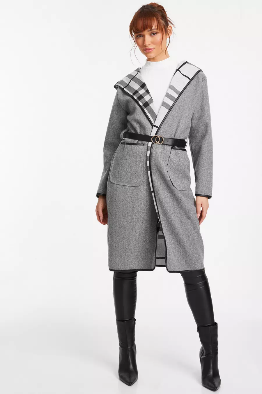 Grey Check Print Belted Coat QUIZ Clothing