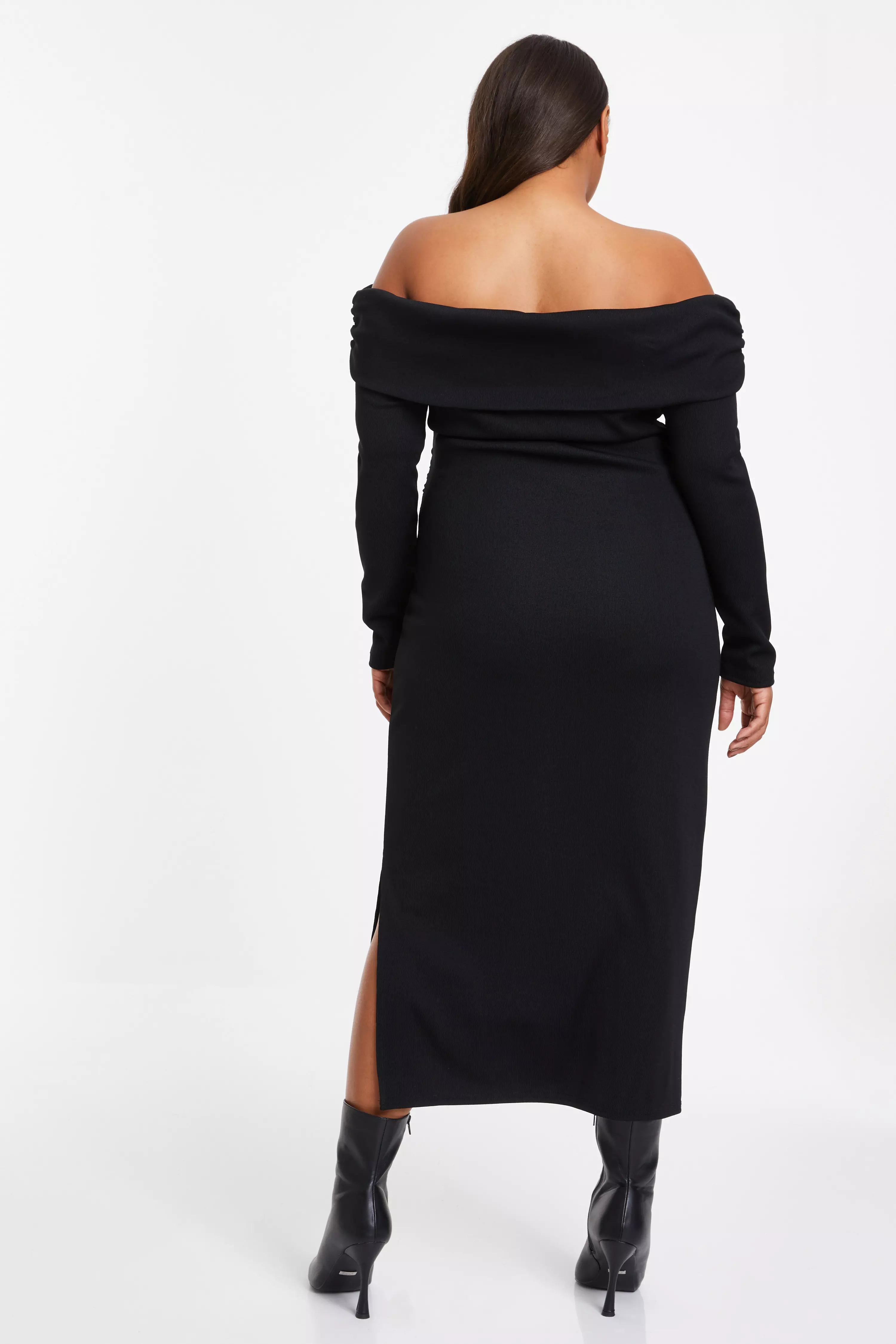 Curve Black Ribbed Bardot Bodycon Midi Dress