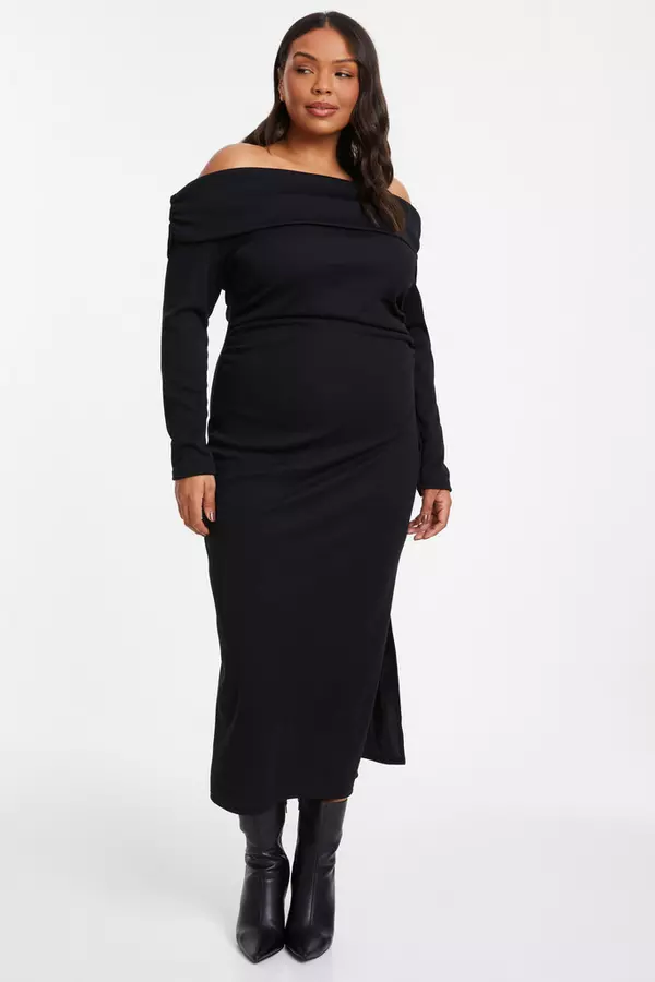 Curve Black Ribbed Bardot Bodycon Midi Dress