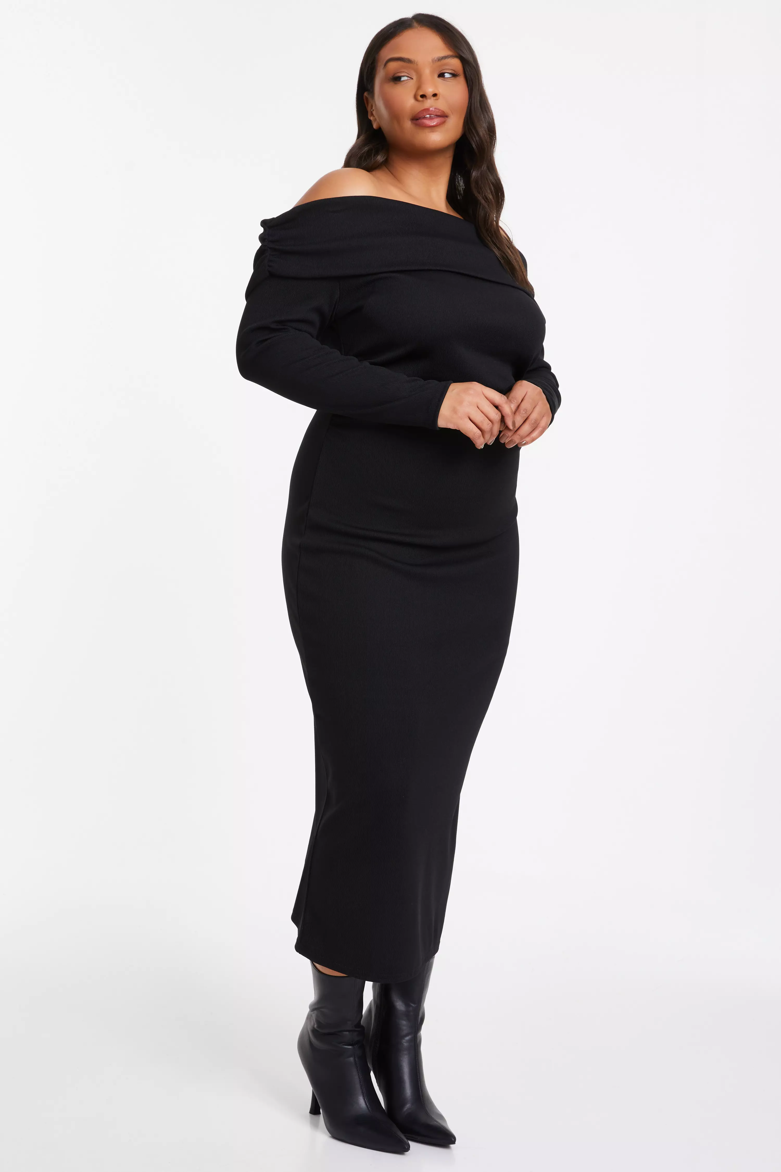 Curve Black Ribbed Bardot Bodycon Midi Dress