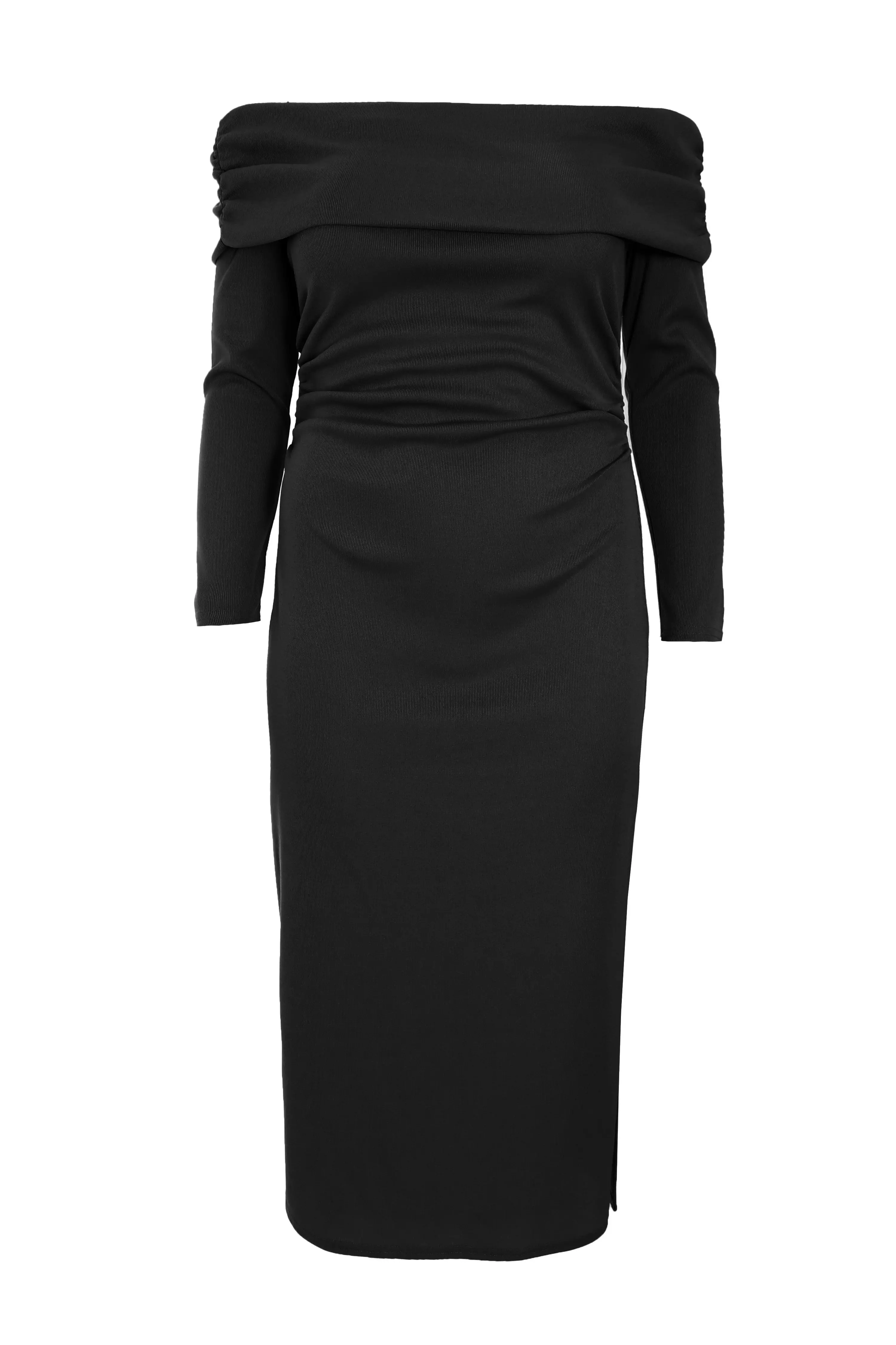 Curve Black Ribbed Bardot Bodycon Midi Dress