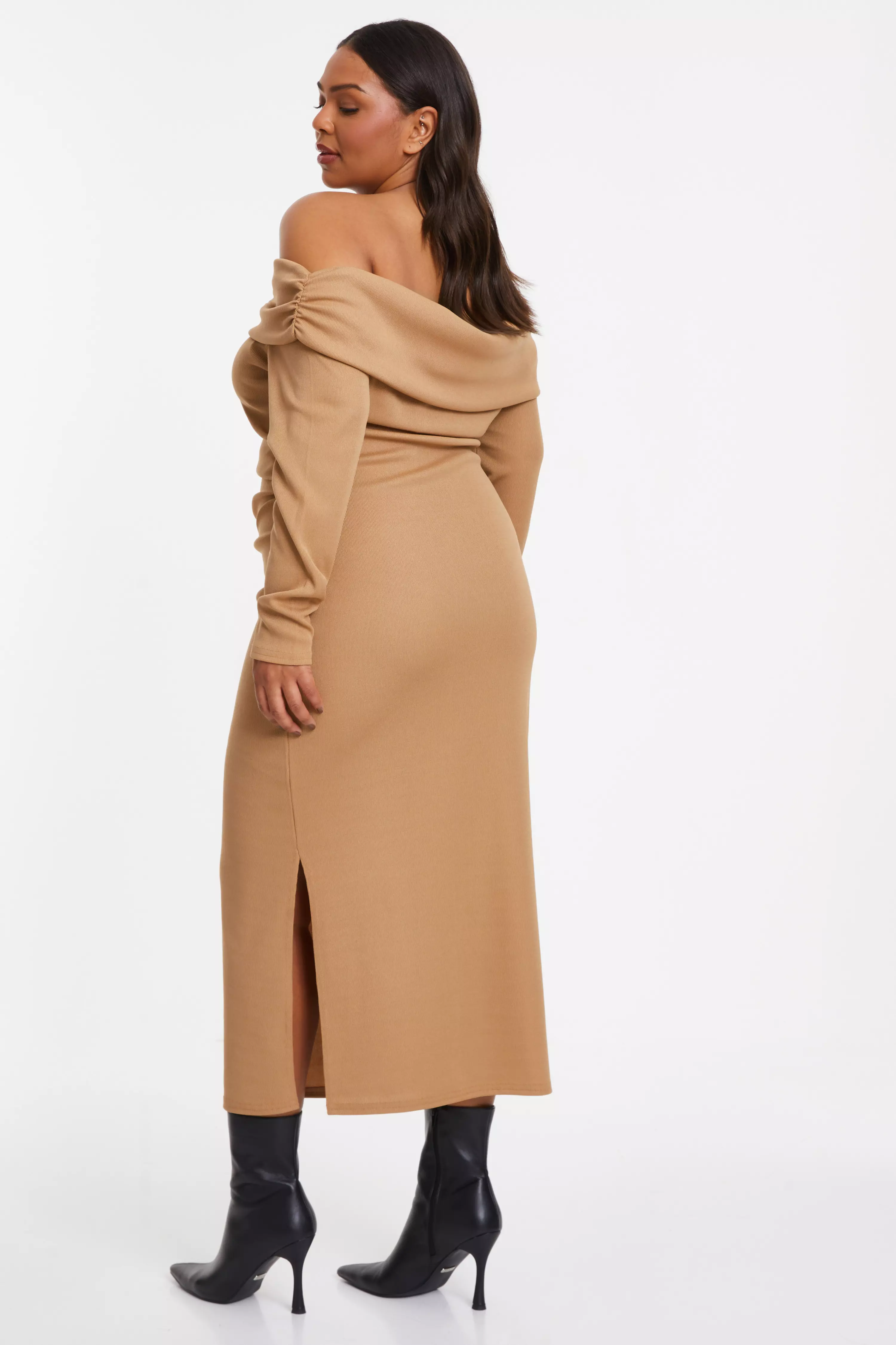 Curve Camel Ribbed Bardot Bodycon Midi Dress