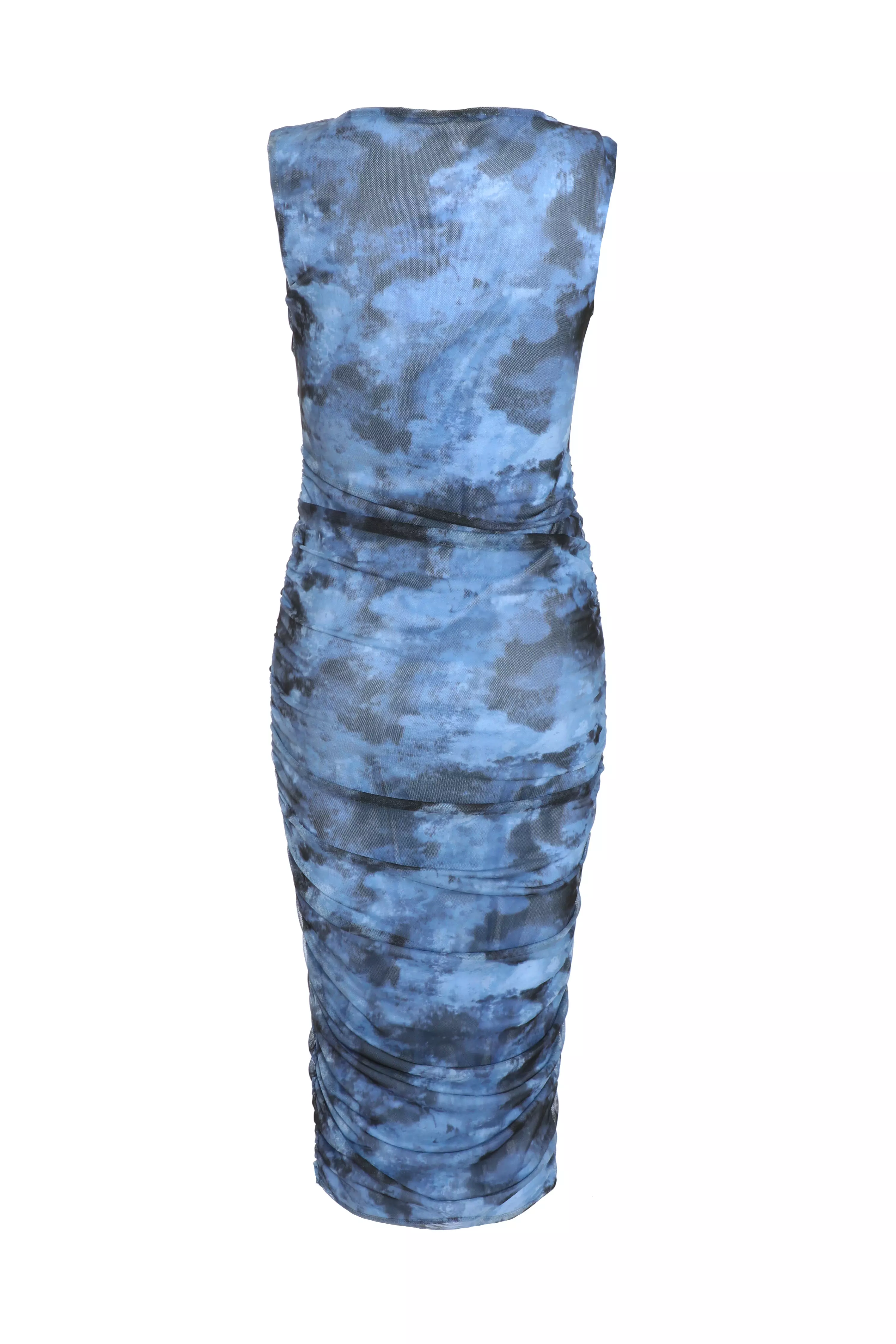 Blue Marble Print Mesh Midi Dress