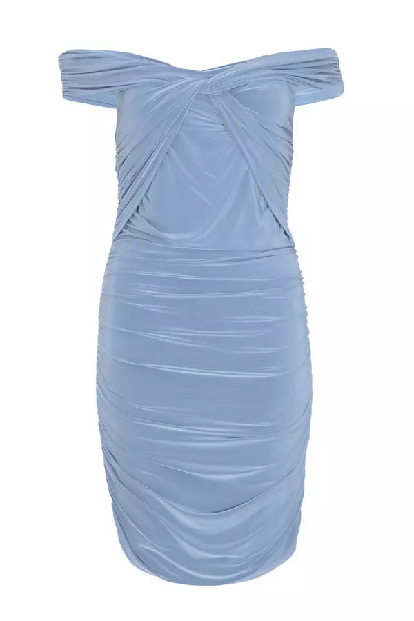 Blue Knot Front Bardot Bodycon Mini Dress