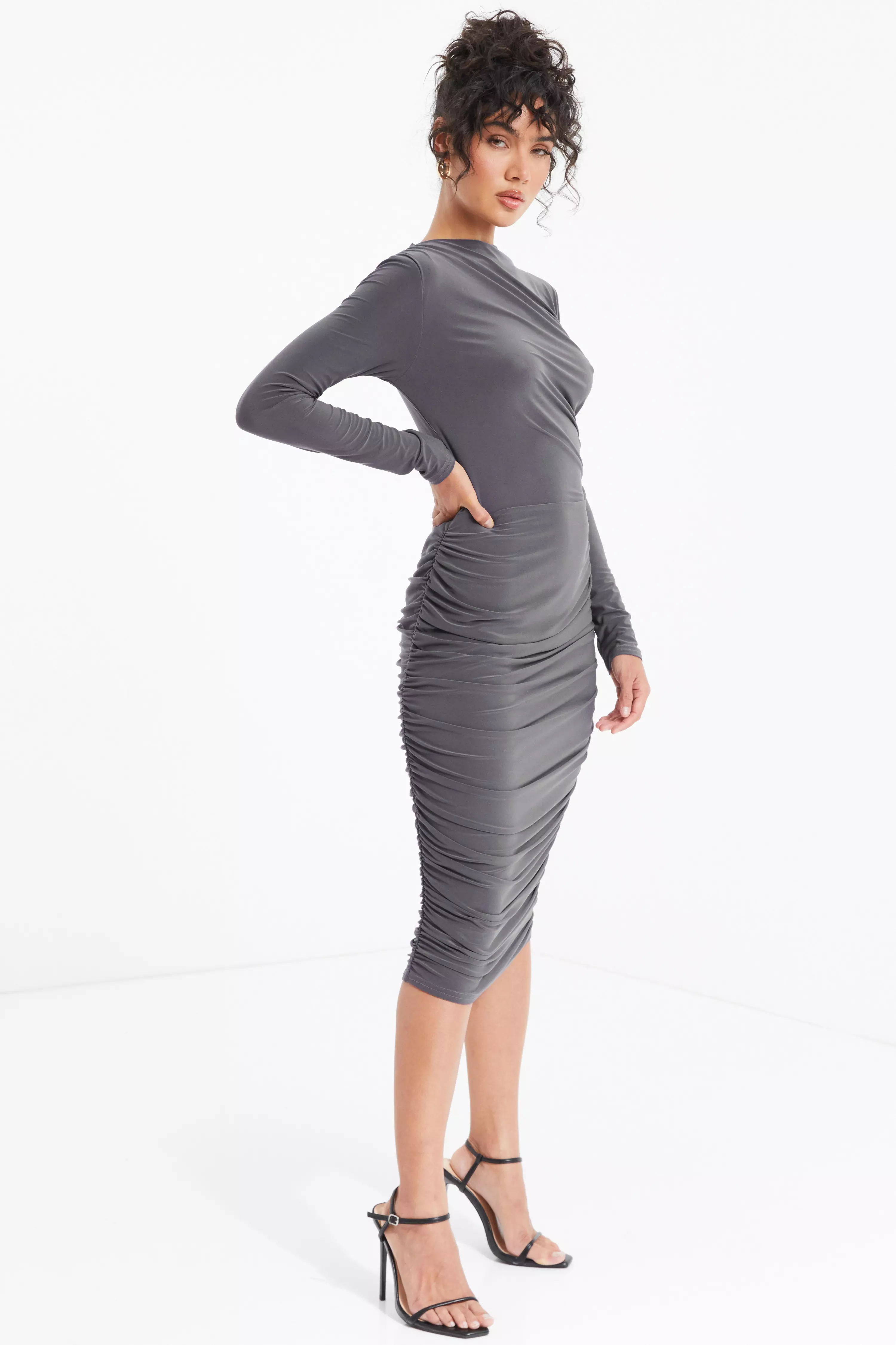 Grey Ruched Bodycon Midi Dress