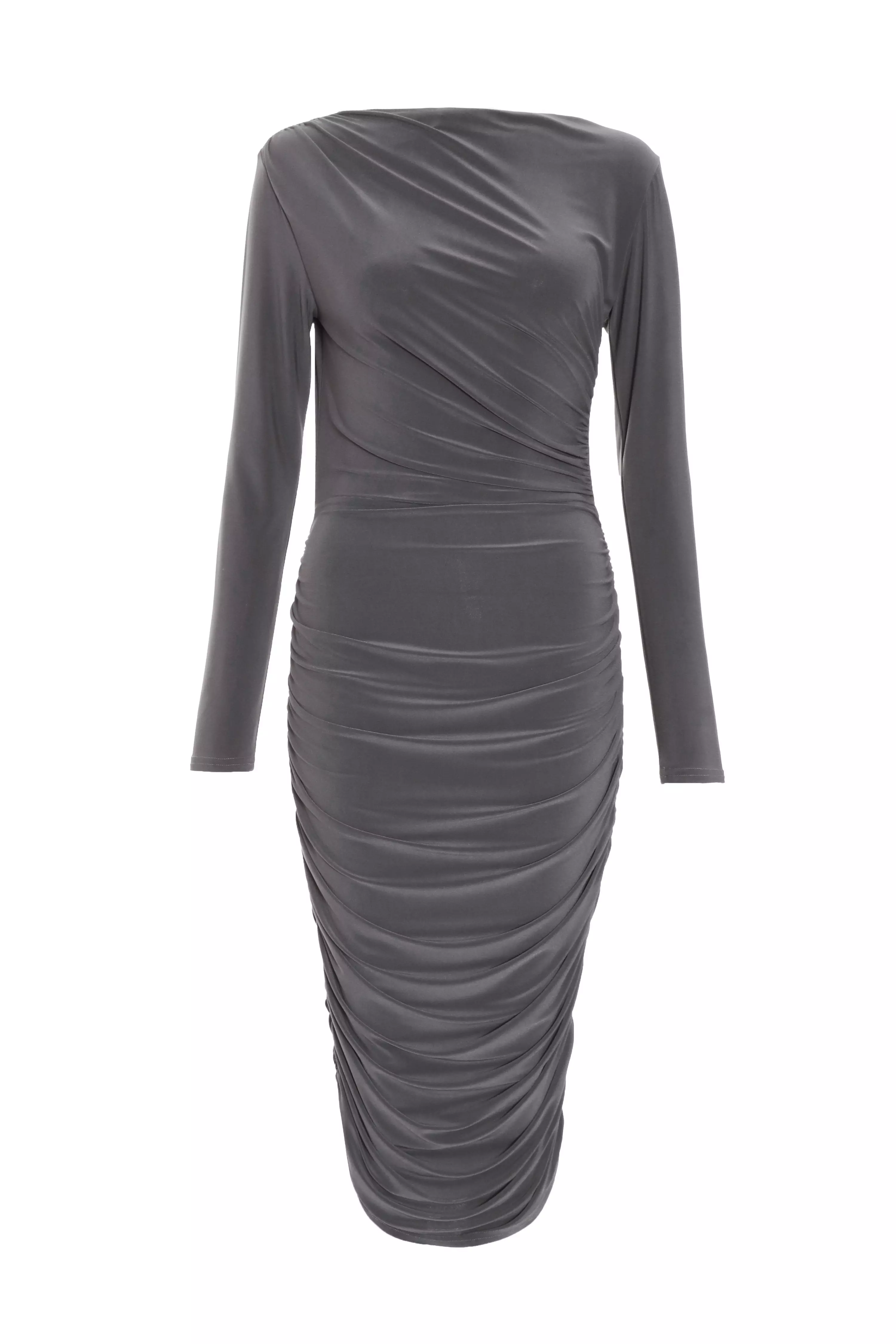 Grey Ruched Bodycon Midi Dress
