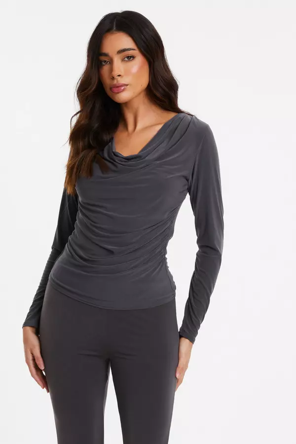 Grey Ruched Cowl Neck Top