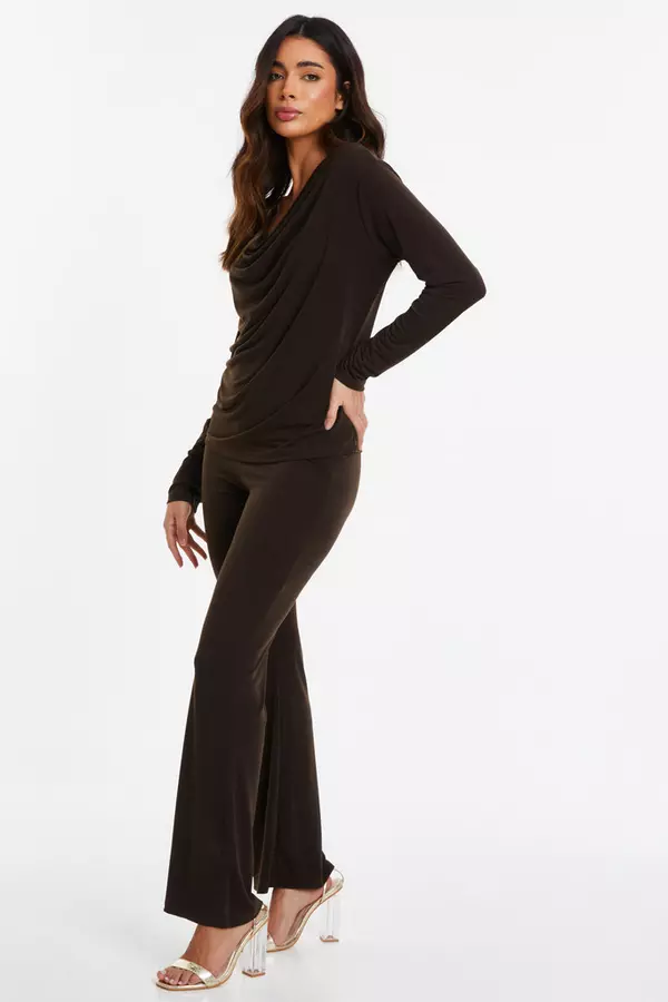 Brown Stretch Wide Leg Trousers