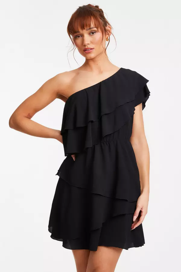 Black One Shoulder Tiered Mini Dress