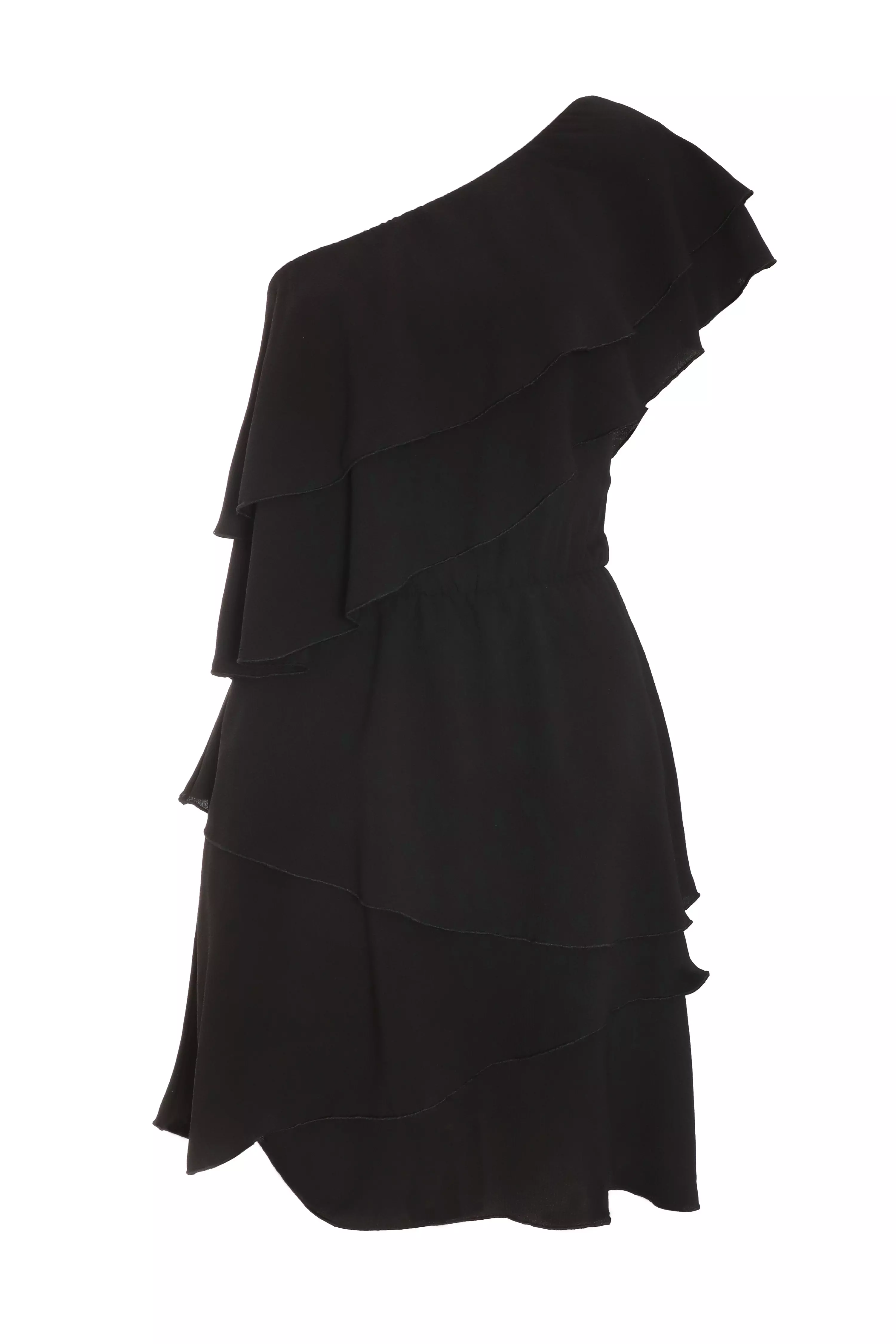 Black One Shoulder Tiered Mini Dress