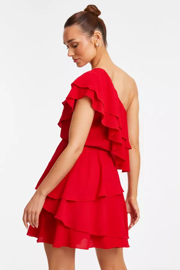 Red One Shoulder Tiered Mini Dress