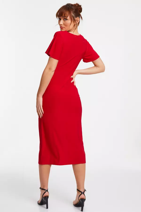 Red Cowl Neck Buckle Midi Dress