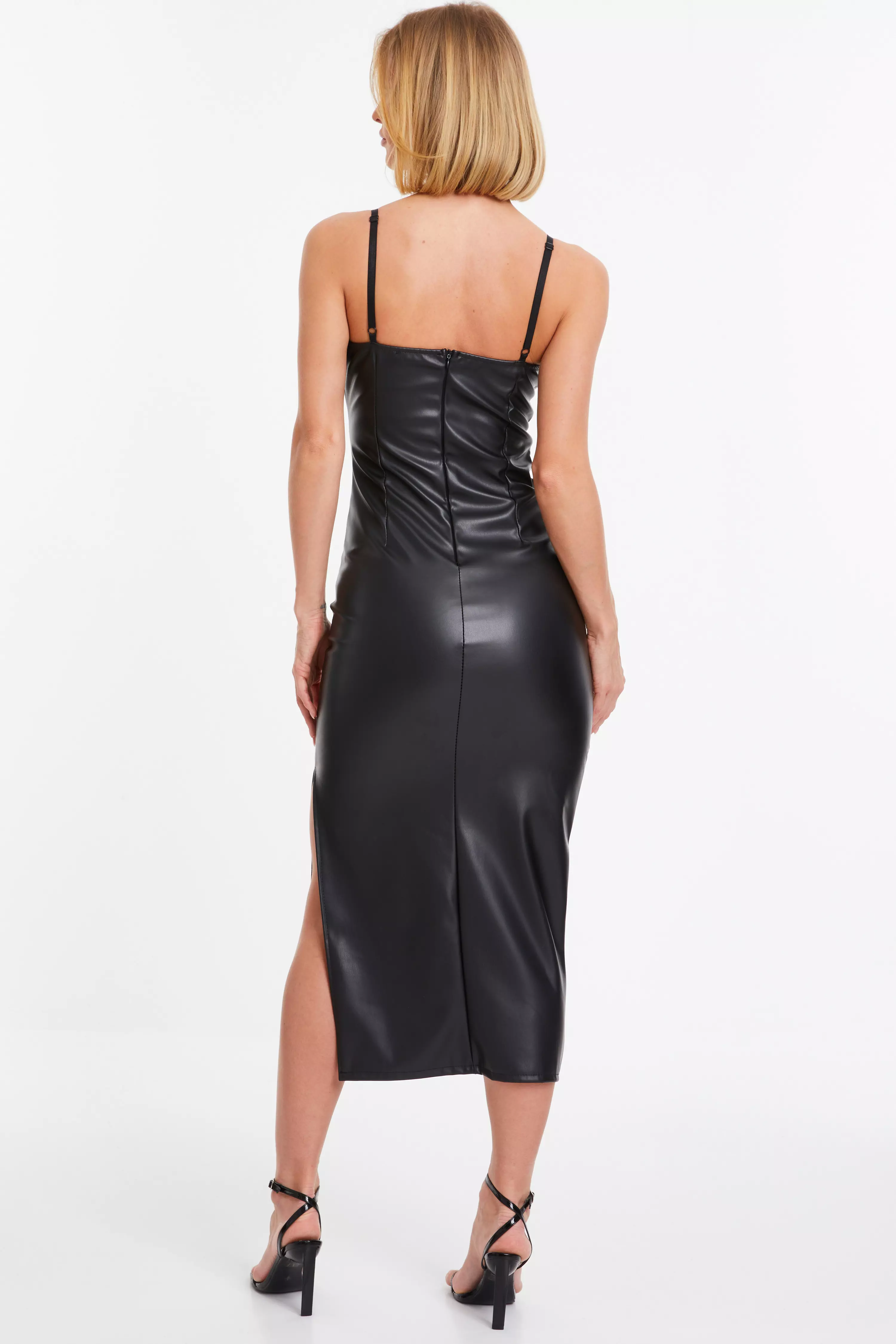Black Faux Leather Wrap Midi Dress
