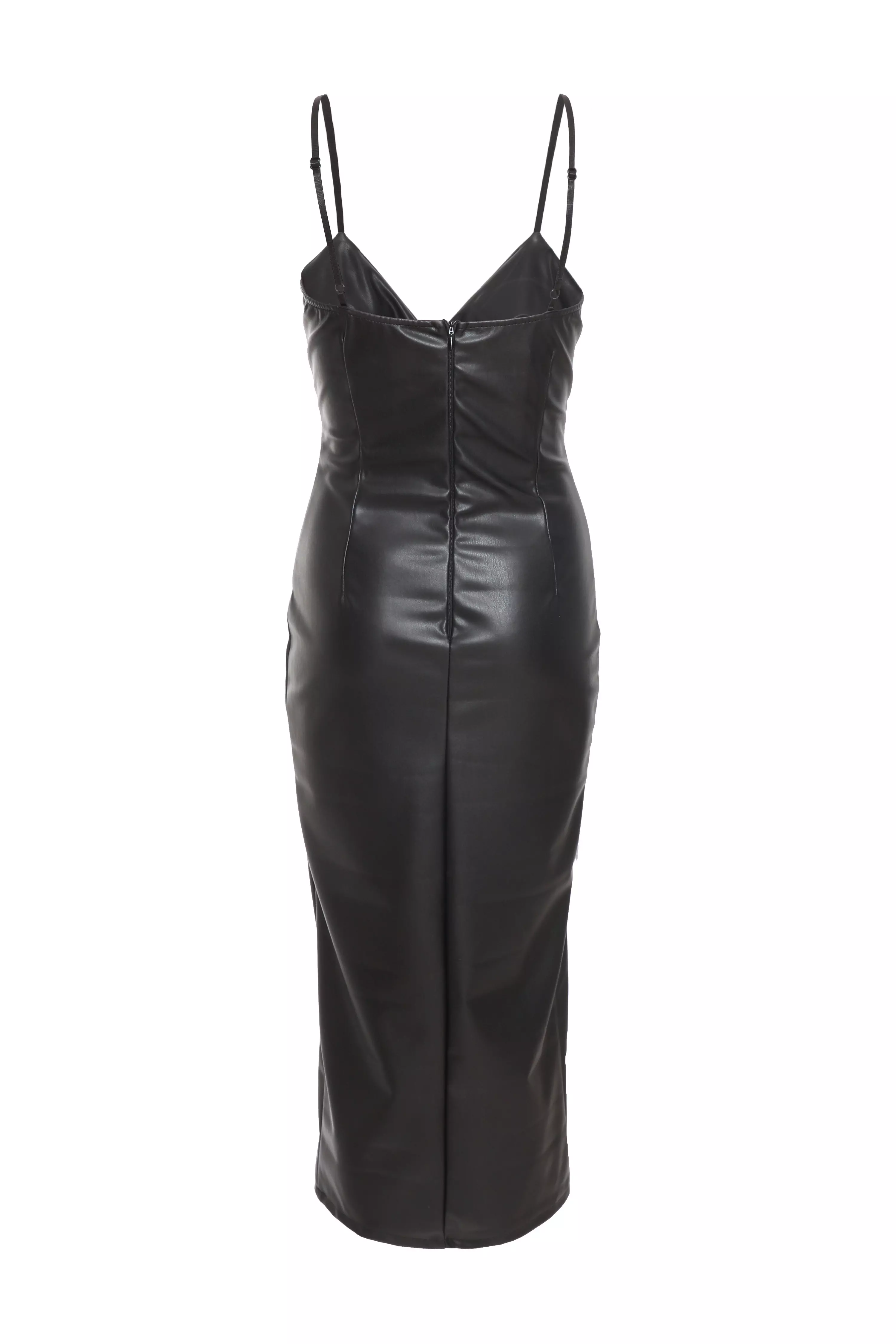 Black Faux Leather Wrap Midi Dress