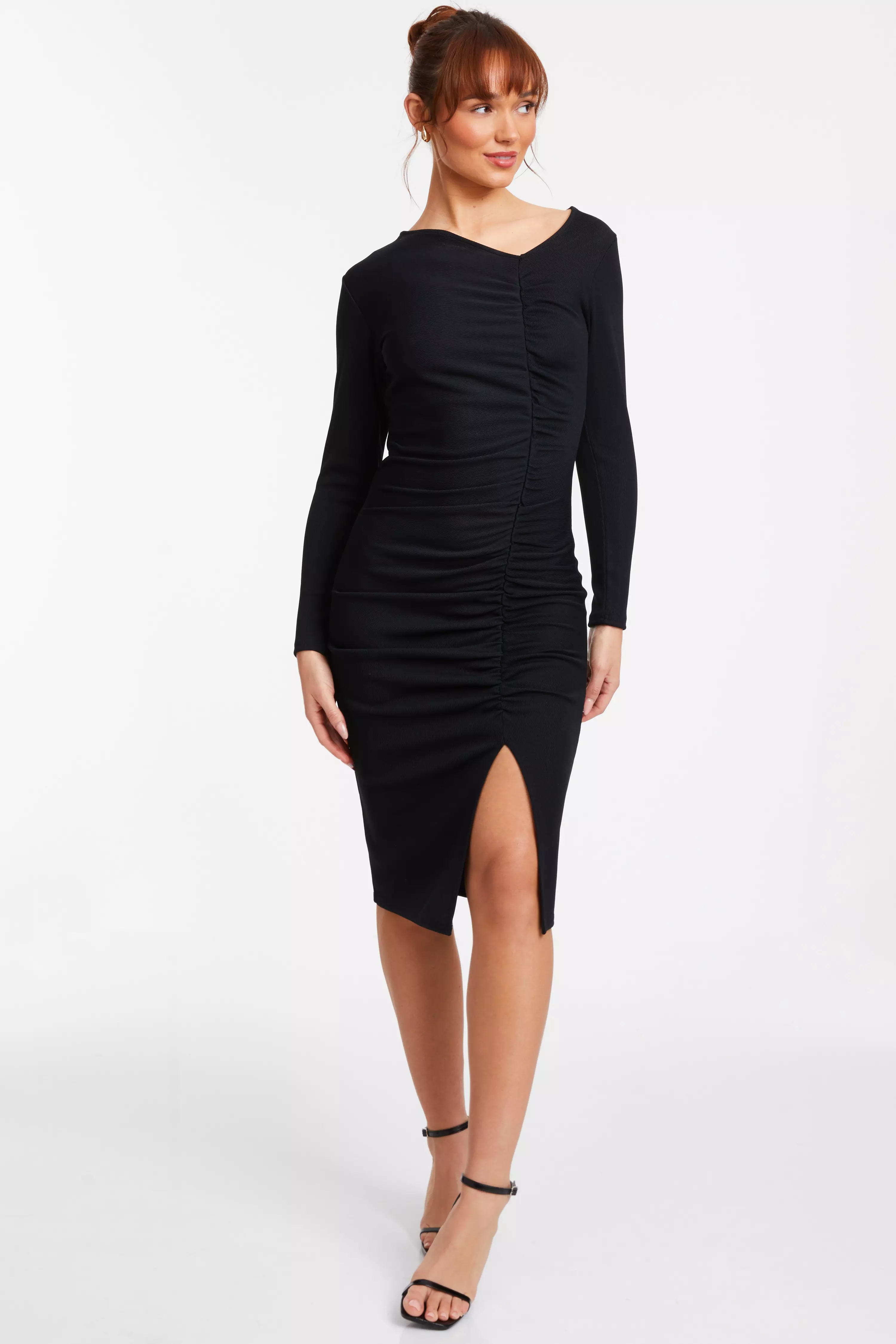 Black Ruched Asymetric Midi Dress