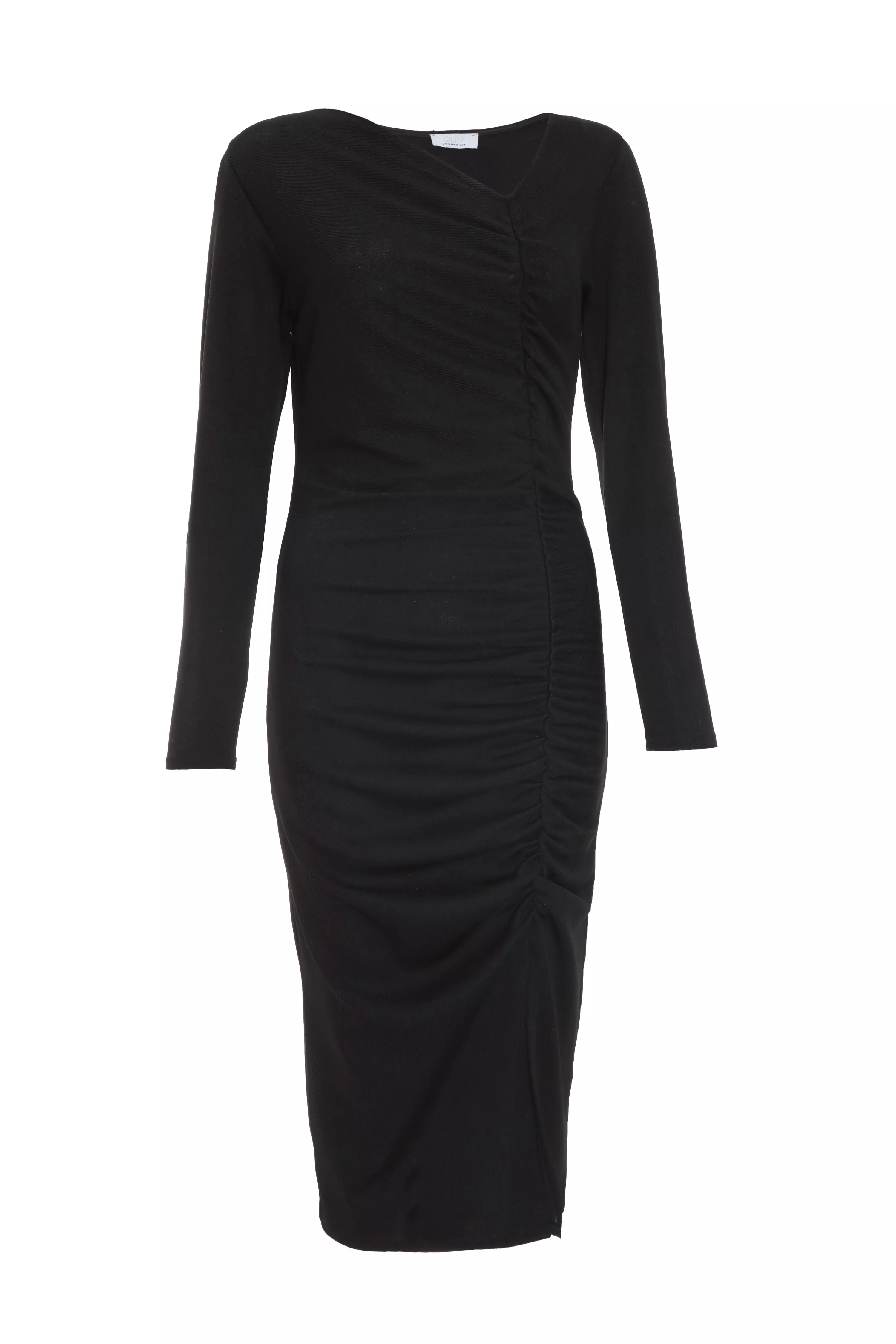 Black Ruched Asymetric Midi Dress