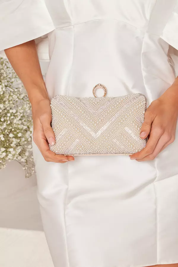 Bridal White Pearl Embellished Box Bag
