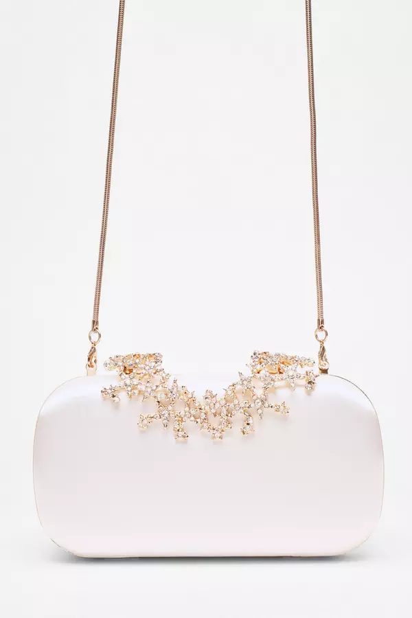 Bridal White Satin Diamante Box Bag