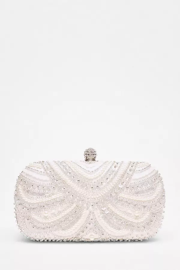 Bridal White Beaded Diamante Box Bag