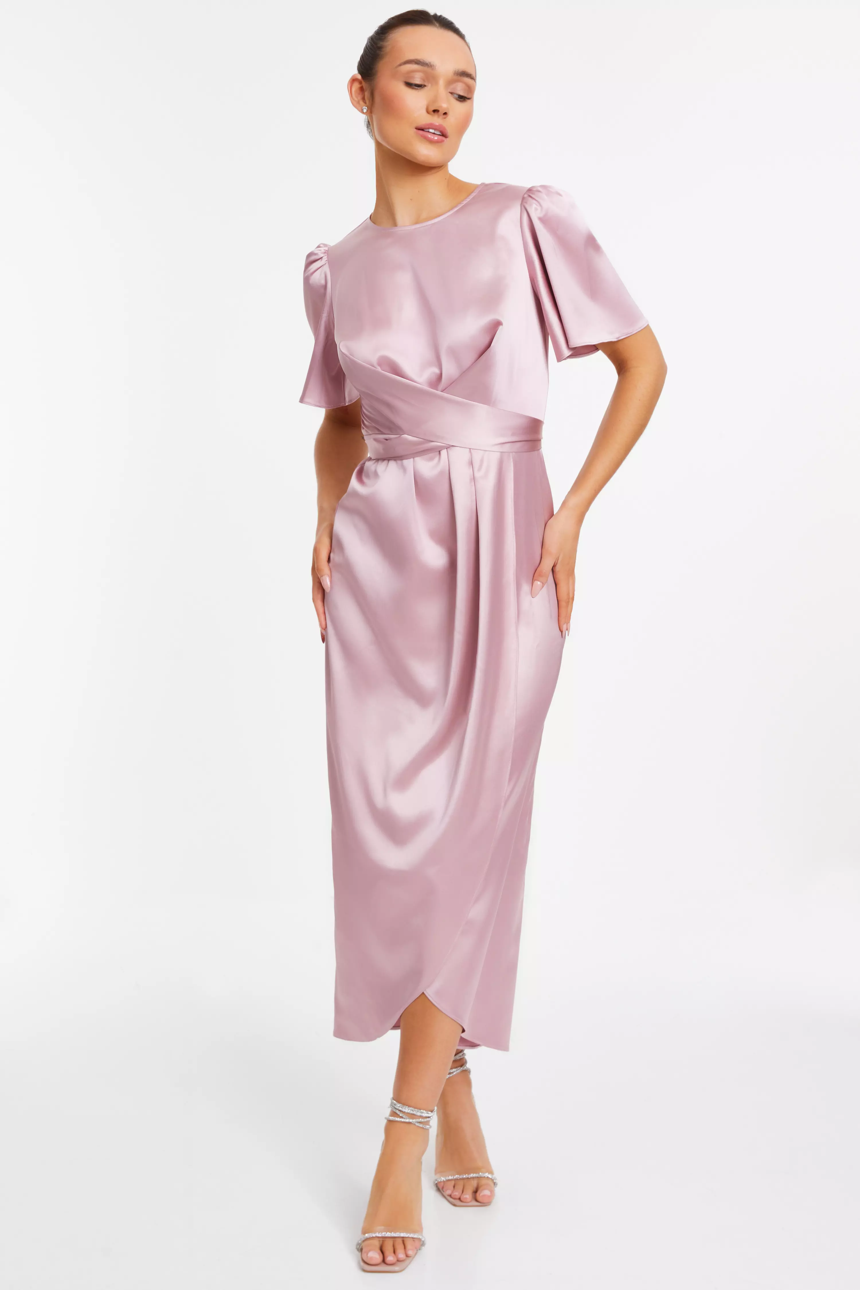 Pale Pink Satin Tie Back Midaxi Dress