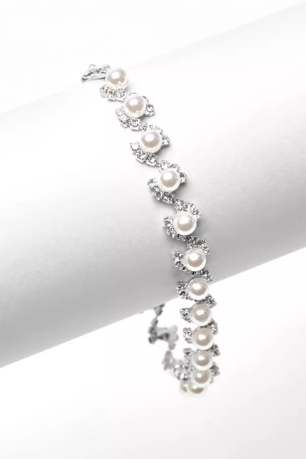 Bridal Silver Diamante Pearl Bracelet