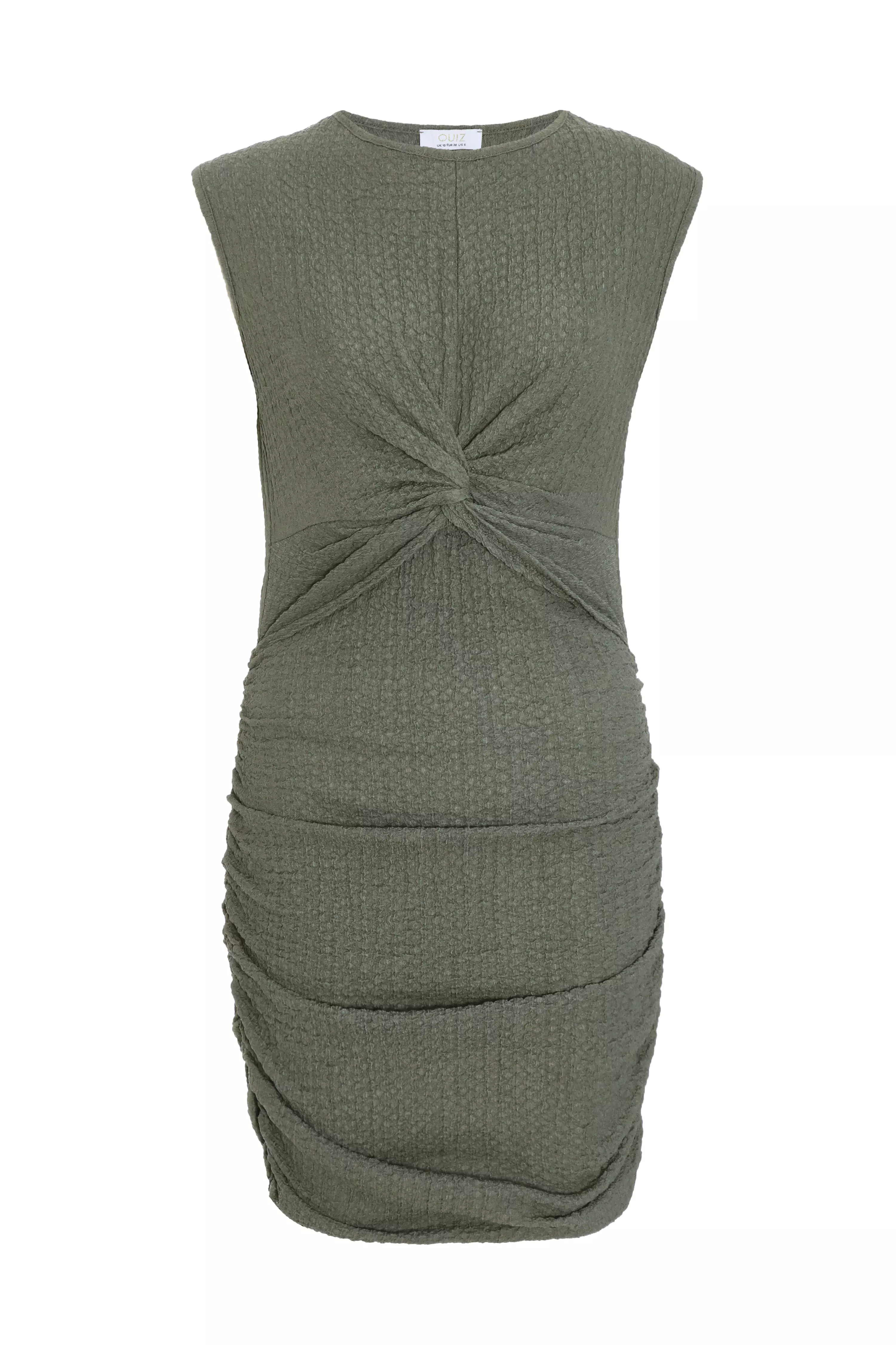 Khaki Popcorn Knot Front Bodycon Mini Dress